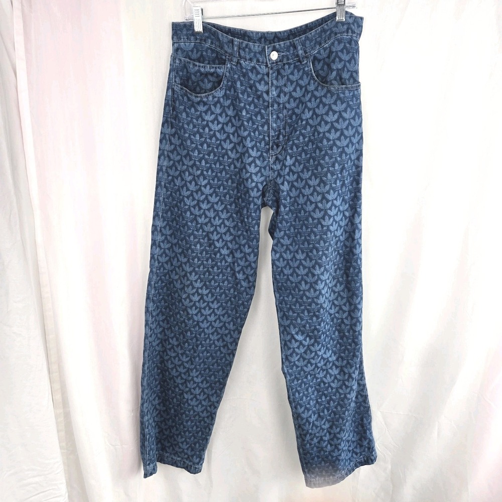 Adidas Mens Denim Monogram Logo Baggy Pants Blue Jeans Size M 34x 32 Lightweight